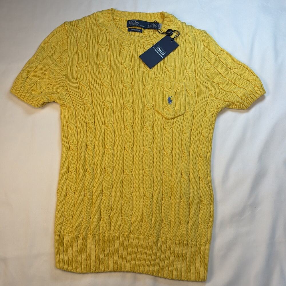 NWT! POLO Ralph Lauren Cotton Cable Knit Short Sleeve Sweater With Pony - Size S